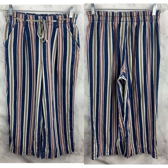 American Eagle Womens Striped Wide Leg Pants Blue Sz 2 Tie Waist Elastic Waist - Picture 1 of 12